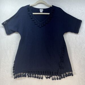 Chico’s Linen Blend Crochet Sleeve Tassel Top Women’s Sz Medium Navy Lagenlook